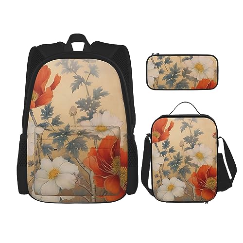 3-teiliger Rucksack, bunte Blumen, Zweige, Malerrucksack, Lunch-Tasche, Federmäppchen, Reise-Laptop-Rucksack, Büchertasche, Lunchbox, Thermo-Kühltasche, Kulturbeutel, Aufbewahrungstasche für Reisen, von cfpolar