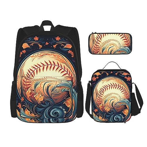 3-teiliger Rucksack, ethnischer Sport, Baseball, Blumen, Flamme, Rucksack, Lunch-Tasche, Federmäppchen, Reise, Laptop-Rucksack, Büchertasche, Lunchbox, Thermo-Kühltasche, Kulturbeutel, von cfpolar