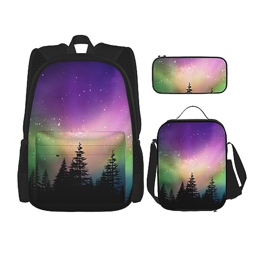 3-teiliger Rucksack, mehrfarbiger Nordlichterwald-Rucksack, Lunch-Tasche, Federmäppchen, Reise-Laptop-Rucksack, Büchertasche, Lunchbox, Thermo-Kühltasche, Kulturbeutel, Aufbewahrungstasche für Reisen, von cfpolar