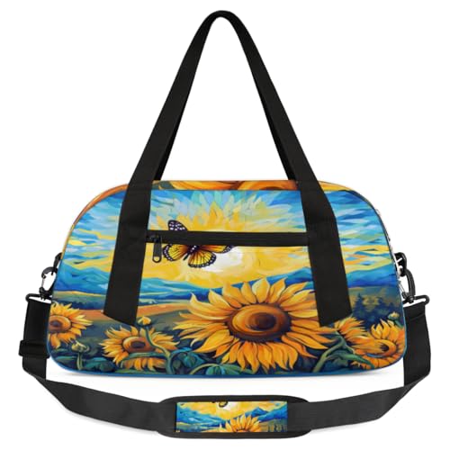 Abstrakte Sonnenblumen-Schmetterlings-Reisetasche für Kinder, leicht, wasserabweisend, faltbar, Sporttasche, Wochenender, Übernachtung, Handgepäcktasche für Schule, Praxis, Reisen, Jungen und Mädchen, von cfpolar