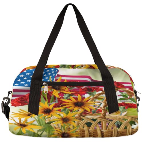 Amerikanische Flagge Blumen Kinder Duffle Bag Mädchen Tanztasche Leicht Wasserabweisend Faltbar Sport Gym Bag Weekender Übernachtung Übernachtung Handgepäck Reisetasche für Jungen Mädchen von cfpolar