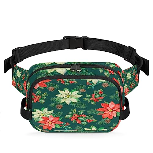 Aquarell-Weihnachtsstern, Stechpalmenbeeren, Bauchtasche für Männer und Frauen, modische Crossbody-Gürteltaschen, quadratische Hüfttasche mit verstellbarem Riemen für Reisen, Wandern, Workout, von cfpolar