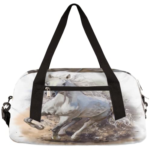 Aquarellmalerei Weißes Pferd Kinder Duffle Bag Mädchen Tanztasche Leicht Wasserabweisend Faltbar Sport Gym Bag Weekender Übernachtung Übernachtung Handgepäck Reisetasche für Jungen Mädchen von cfpolar