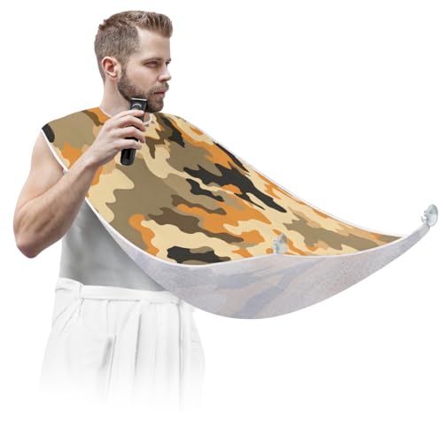 Bart Lätzchen Schürze für Männer, Barttrimmen Haarfänger Lätzchen zum Rasieren, Antihaft Bartumhang Pflegetuch mit 2 Saugnäpfen, Geschenke für Papa Ehemann Freund, Camo Orange Camouflage von cfpolar