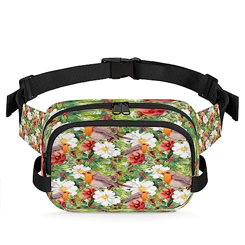 Bauchtasche mit Tannenzweigen, Blumen, Rotkehlchen, Vogel, für Männer und Frauen, modische Crossbody-Gürteltaschen, quadratische Hüfttasche mit verstellbarem Riemen für Reisen, Wandern, Workout, von cfpolar