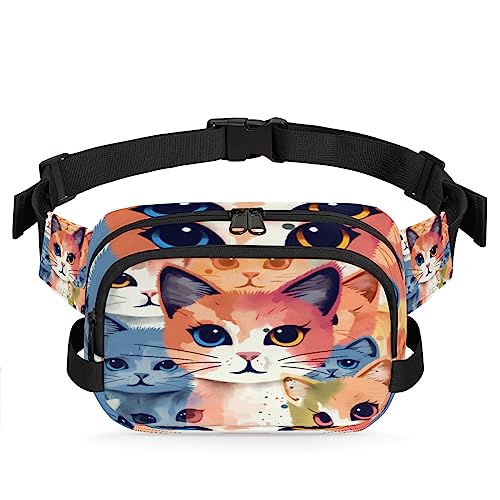 Bauchtasche mit bunten Katzen in Aquarellfarben für Männer und Frauen, wasserdicht, für Reisen, Wandern, Radfahren, Laufen, Multi131, 9x2.5x6.1 in von cfpolar