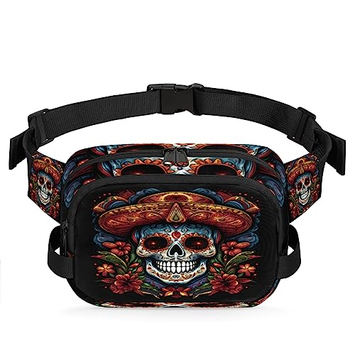 Bauchtasche mit mexikanischem Totenkopf-Motiv, für Männer und Frauen, modische Crossbody-Gürteltaschen, quadratische Hüfttasche mit verstellbarem Riemen für Reisen, Wandern, Workout, Radfahren, Laufen von cfpolar