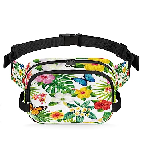 Bauchtasche mit tropischem Blumenmuster, Hibiskus, Schmetterling, für Männer und Frauen, modische Crossbody-Gürteltaschen, quadratische Hüfttasche mit verstellbarem Riemen für Reisen, Wandern, von cfpolar