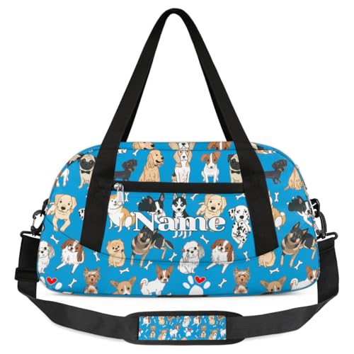 Benutzerdefinierte Name Kinder Duffle Bag Personalisierte Mädchen Tanztasche Leicht Wasserabweisend Faltbare Sport Gym Bag Weekender Übernachtung Übernachtung Carry On Reisetasche für Jungen Mädchen, Hunde Blau Custom von cfpolar