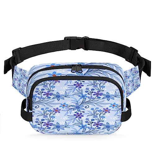 Blaue Blumen Blätter Bauchtasche für Männer Frauen, wasserdichte Reise Quadratische Hüfttasche Pack, Crossbody Brustgurt Bauchschlinge Schultertasche Geldbörse für Reisen Wandern Radfahren Laufen, von cfpolar