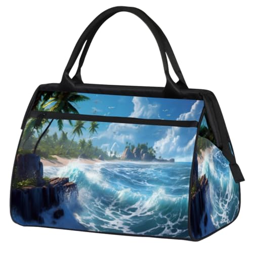 Blue Ocean Sky Palm Tree Turnbeutel für Damen und Herren, Reise-Sporttasche mit Trolleyhülle, wasserdichte Sporttasche, Wochenend-Übernachtungstasche, Tragetasche für Reisen, Fitnessstudio, Sport, von cfpolar