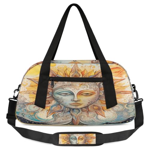 Boho-Tasche für Kinder, Motiv: Sonne, Mond, Gesicht, leicht, wasserabweisend, faltbar, Sport, Turnbeutel, Wochenender, Übernachtung, Handgepäcktasche für Schule, Praxis, Reisen, Jungen und Mädchen, von cfpolar