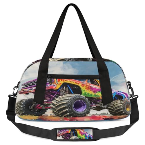 Bunte Monster-Truck-Reisetasche für Kinder, leicht, wasserabweisend, faltbar, Sporttasche, Wochenender, Übernachtung, Handgepäcktasche für Schule, Praxis, Reisen, Jungen und Mädchen, Mehrfarbig von cfpolar