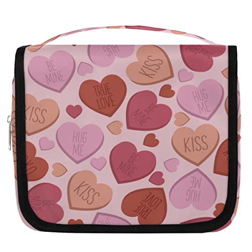 Candy Love Heart Valentinstag hängende Reise-Kulturbeutel, tragbare Make-up-Kosmetiktasche für Frauen mit Haken zum Aufhängen, wasserabweisendes Toilettenartikel-Set, Organizer für Toilettenartikel, von cfpolar