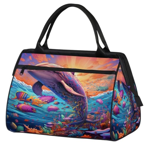 Cartoon Underwater World Delphin Fish Gym Bag for Women Men, Travel Sports Duffel Bag with Trolley Sleeve, Waterproof Sports Gym Bag Weekender Overnight Bag Carry On Tote Bag for Gym Sport Travel, von cfpolar
