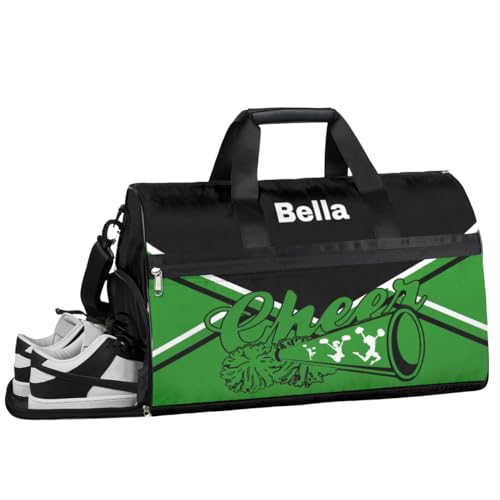 Cheerleading Cheer Turnbeutel für Mädchen und Frauen, personalisierbar, mit individuellem Namen, Sporttasche, Reisetasche, Tanztasche, Wochenendtasche, Übernachtungstasche, Cheer Cheerleading Green, von cfpolar