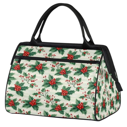 Chrismas Holly Leaves Berry Plaid Gym Bag for Women Men, Travel Sports Duffel Bag with Trolley Sleeve, Waterproof Sports Gym Bag Weekender Overnight Bag Carry On Tote Bag for Travel Gym Sport, von cfpolar