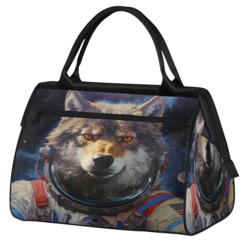 Cool Wolf Astronaut Turnbeutel für Damen Herren, Reise Sport Duffel Bag mit Trolleyhülle, wasserdichte Sport Gym Bag Weekender Übernachtung Tasche Carry On Tote Bag für Reisen Gym Sport, Cooler Wolf von cfpolar