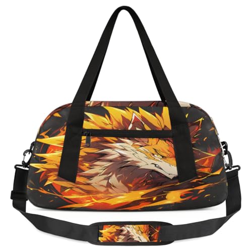 Cool Wolf Flame Kinder-Reisetasche, leicht, wasserabweisend, faltbar, Sporttasche, Wochenendtasche, Übernachtung, Handgepäcktasche für Schule, Praxis, Reisen, Jungen und Mädchen, Mehrfarbig von cfpolar