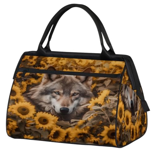 Coole Tier Wolf Sonnenblumen Turnbeutel für Damen Herren, Reise Sport Duffel Bag mit Trolleyhülle, wasserdichte Sport Gym Bag Weekender Übernachtung Tasche Carry On Tote Bag für Reisen Gym Sport, von cfpolar