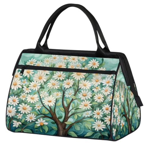 Daisy Flowers Tree Gym Bag for Women Men, Travel Sports Duffel Bag with Trolley Sleeve, Waterproof Sports Gym Bag Weekender Overnight Bag Carry On Tote Bag for Travel Gym Sport, Gänseblümchen Blumen von cfpolar