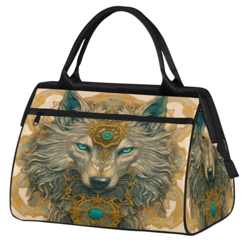 Ethnische Muster Cool Wolf Green Eyes Turnbeutel für Damen Herren, Reise Sport Duffel Bag mit Trolleyhülle, wasserdichte Sport Gym Bag Weekender Übernachtung Tasche Carry On Tote Bag für Reisen Gym von cfpolar