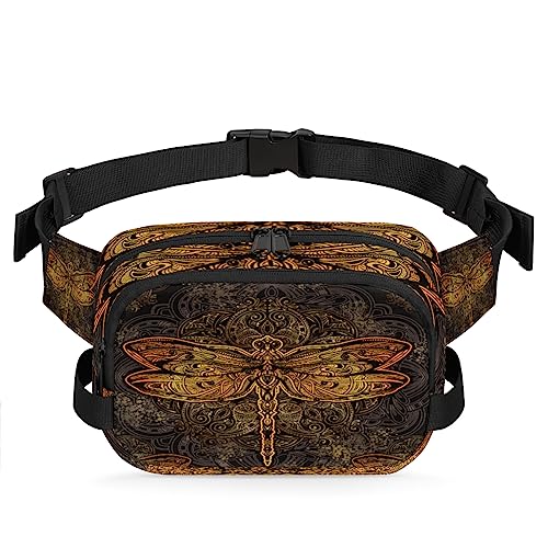 Exquisite Golden Libelle Mandala Bauchtasche für Männer Frauen, wasserdichte Reise Quadratische Hüfttasche Pack, Crossbody Brustgurt Bauchschlinge Schultertasche Geldbörse für Reisen Wandern Radfahren von cfpolar