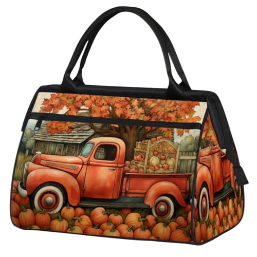 Fall Harvest Truck Maple Trees Pumpkin Gym Bag for Women Men, Travel Sports Duffel Bag with Trolley Sleeve, Waterproof Sports Gym Bag Weekender Overnight Bag Carry On Tote Bag for Gym Sport Travel, von cfpolar