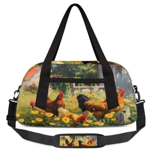 Farmhouse Seesack für Kinder, Motiv: Hahn, Blumen, leicht, wasserabweisend, faltbar, Sporttasche, Wochenendtasche, Übernachtung, Handgepäcktasche für Schule, Praxis, Reisen, Jungen und Mädchen, von cfpolar