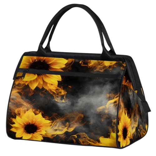 Fire Sunflowers Smog Gym Bag for Women Men, Travel Sports Duffel Bag with Trolley Sleeve, Waterproof Sports Gym Bag Weekender Overnight Bag Carry On Tote Bag for Travel Gym Sport, Feuer Sonnenblumen von cfpolar