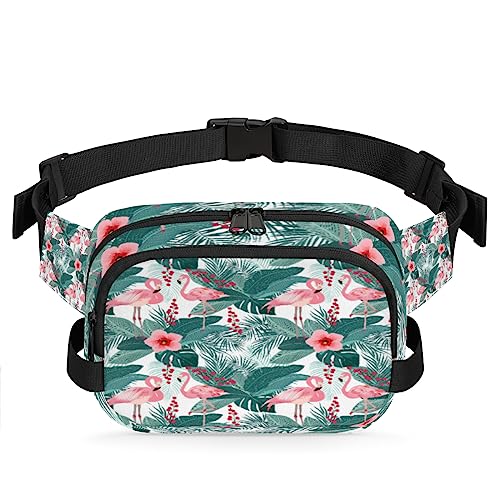 Flamingo Tropische Blätter Palme Bauchtasche für Männer Frauen, modische Crossbody-Gürteltaschen, quadratische Hüfttasche mit verstellbarem Gurt für Reisen, Wandern, Workout, Radfahren, Laufen von cfpolar