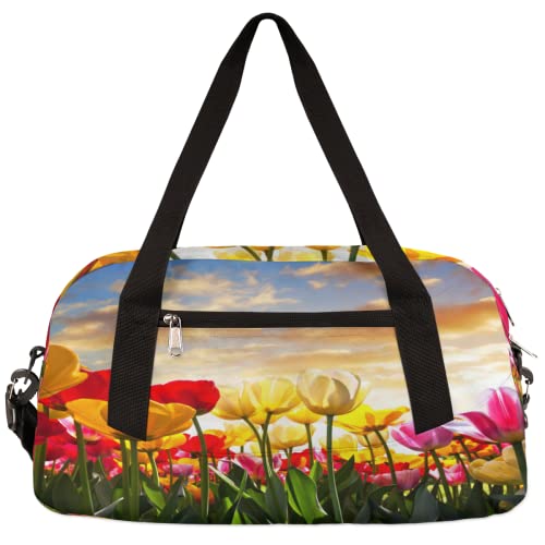 Flower Field Sunset Kinder Duffle Bag Mädchen Tanztasche Leicht Wasserabweisend Faltbar Sport Gym Bag Weekender Übernachtung Übernachtung Handgepäck Reisetasche für Jungen Mädchen von cfpolar