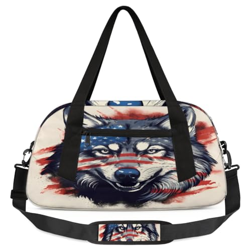 Funny Patrotic Wolf Kinder-Duffle-Tasche, leicht, wasserabweisend, faltbar, Sporttasche, Wochenender, Übernachtung, Handgepäcktasche für Schule, Praxis, Reisen, Jungen und Mädchen, Mehrfarbig von cfpolar