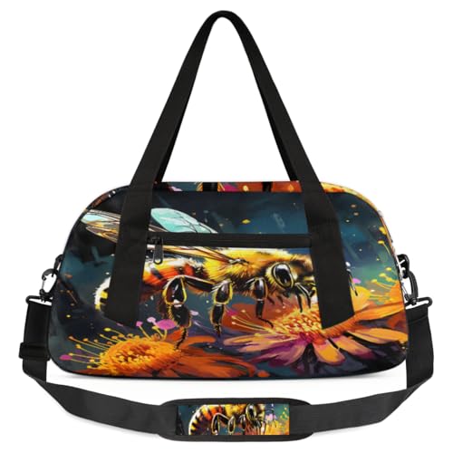 Grunge Style Bee Flower Kids Duffle Bag, leicht, wasserabweisend, faltbar, Sporttasche, Wochenender, Übernachtung, Handgepäcktasche für Schule, Praxis, Reisen, Jungen und Mädchen, Mehrfarbig von cfpolar