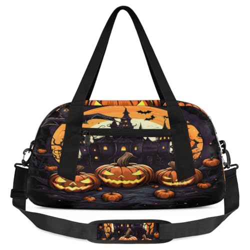 Halloween Castle Pumpkins Kinder-Duffle-Tasche, leicht, wasserabweisend, faltbar, Sporttasche, Wochenender, Übernachtung, Übernachtung, Handgepäcktasche für Schule, Praxis, Reisen, Jungen und Mädchen, von cfpolar