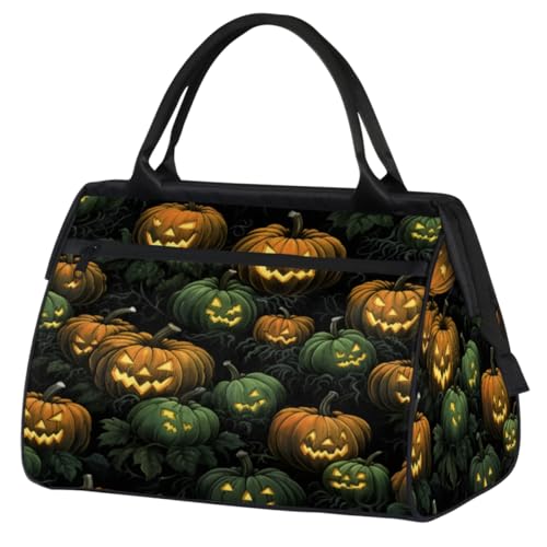 Halloween Grün Gelb Kürbisse Turnbeutel für Damen Herren, Reise Sport Duffel Bag mit Trolleyhülle, wasserdichte Sport Gym Bag Weekender Übernachtung Tasche Carry On Tote Bag für Reisen Gym Sport, von cfpolar