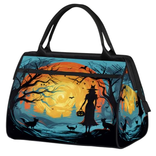 Halloween Hexe Katze Kürbis Mond Turnbeutel für Damen Herren, Reise Sport Duffel Bag mit Trolleyhülle, wasserdichte Sport Gym Bag Weekender Übernachtung Tasche Carry On Tote Bag für Reisen Gym Sport, von cfpolar