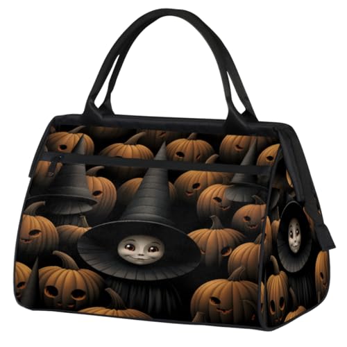 Halloween Kürbis Hexenhut Muster Turnbeutel für Damen Herren, Reise Sport Duffel Bag mit Trolleyhülle, wasserdichte Sport Gym Bag Weekender Übernachtung Tasche Carry On Tote Bag für Reisen Gym Sport, von cfpolar