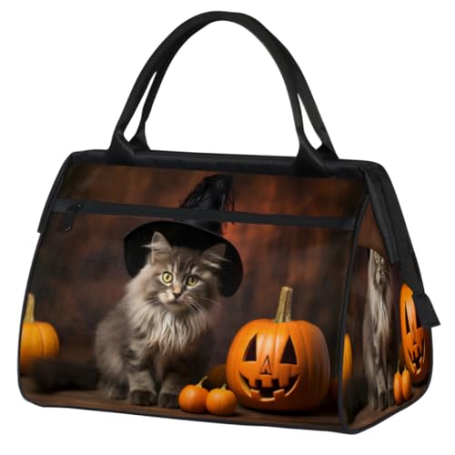 Halloween Kürbis Katze Hut Turnbeutel für Damen Herren, Reise Sport Duffel Bag mit Trolleyhülle, wasserdichte Sport Gym Bag Weekender Übernachtung Tasche Carry On Tote Bag für Reisen Gym Sport, von cfpolar