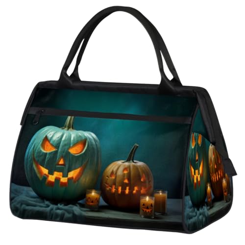 Halloween Kürbis Kerze Holz Turnbeutel für Damen Herren, Reise Sport Duffel Bag mit Trolleyhülle, wasserdichte Sport Gym Bag Weekender Übernachtung Tasche Carry On Tote Bag für Reisen Gym Sport, von cfpolar