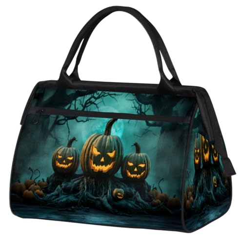 Halloween Kürbis Wald Baum Muster Turnbeutel für Damen Herren, Reise Sport Duffel Bag mit Trolleyhülle, wasserdichte Sport Gym Bag Weekender Übernachtung Tasche Carry On Tote Bag für Reisen Gym Sport, von cfpolar