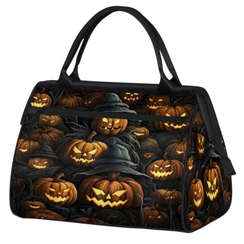 Halloween Kürbis Zauberer Hut Druck Turnbeutel für Damen Herren, Reise Sport Duffel Bag mit Trolleyhülle, wasserdichte Sport Gym Bag Weekender Übernachtung Tasche Carry On Tote Bag für Reisen Gym von cfpolar