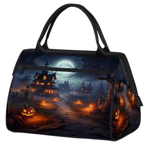 Halloween Kürbisse Spukhaus Turnbeutel für Damen Herren, Reise Sport Duffel Bag mit Trolleyhülle, wasserdichte Sport Gym Bag Weekender Übernachtung Tasche Carry On Tote Bag für Reisen Gym Sport, von cfpolar