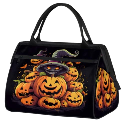 Halloween Kürbisse Zauberer Hut Turnbeutel für Damen Herren, Reise Sport Duffel Bag mit Trolleyhülle, wasserdichte Sport Gym Bag Weekender Übernachtung Tasche Carry On Tote Bag für Reisen Gym Sport, von cfpolar