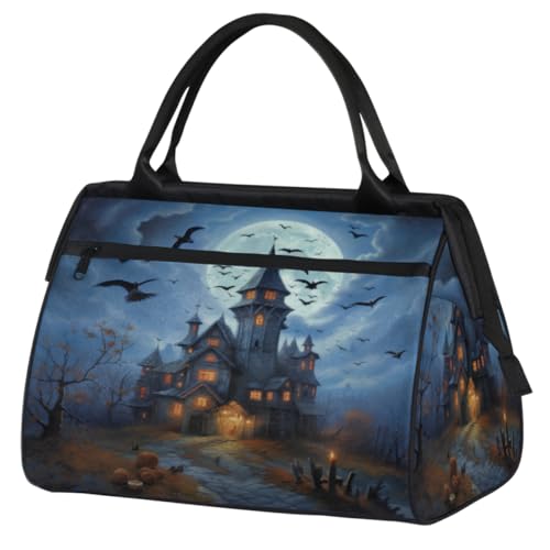 Halloween Moon Haunted House Turnbeutel für Damen Herren, Reise Sport Duffel Bag mit Trolleyhülle, wasserdichte Sport Gym Bag Weekender Übernachtung Tasche Carry On Tote Bag für Reisen Gym Sport, von cfpolar