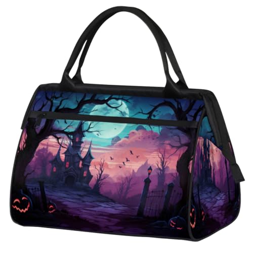 Halloween Night Pumpkin House Gym Bag for Women Men, Travel Sports Duffel Bag with Trolley Sleeve, Waterproof Sports Gym Bag Weekender Overnight Bag Carry On Tote Bag for Travel Gym Sport, Halloween von cfpolar