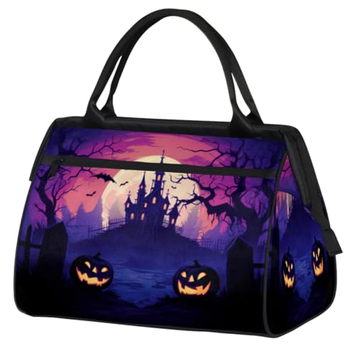 Halloween Night Pumpkin Tree House Gym Bag for Women Men, Travel Sports Duffel Bag with Trolley Sleeve, Waterproof Sports Gym Bag Weekender Overnight Bag Carry On Tote Bag for Travel Gym Sport, von cfpolar