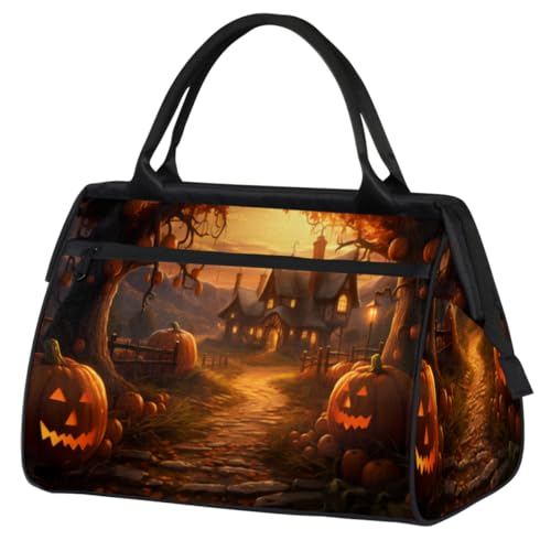 Halloween Pumpkin House Gym Bag for Women Men, Travel Sports Duffel Bag with Trolley Sleeve, Waterproof Sports Gym Bag Weekender Overnight Bag Carry On Tote Bag for Travel Gym Sport, von cfpolar