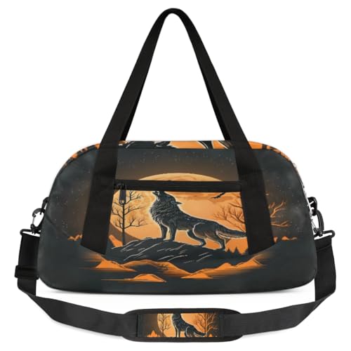 Handgezeichneter heulender Wolf Mond Kinder-Duffle-Tasche, leicht, wasserabweisend, faltbar, Sporttasche, Wochenender, Übernachtung, Handgepäcktasche für Schule, Praxis, Reisen, Jungen und Mädchen, von cfpolar