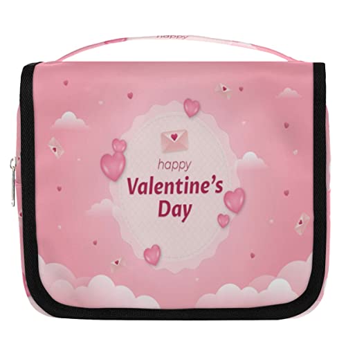 Happy Valentine's Day Love Heart Pink Cloud Hanging Travel Toiletry Bag, Portable Makeup Cosmetic Bag for Women with Hanging Hook, Water-resistant Toiletry Kit Organizer for Toiletries Shower Bathroom von cfpolar